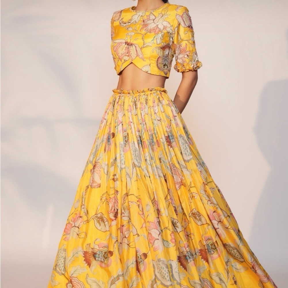 Vibrant Yellow Indian Floral Skirt Set Lehenga Choli